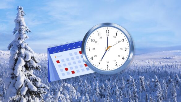En montagebild med ett vinterlandskap. I förgrunden finns i montaget en kalender och en klocka som visa klockan 07:00 eller 19:00.