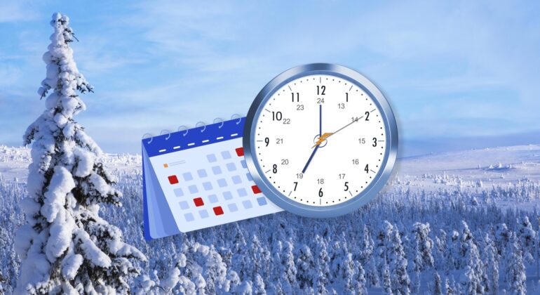 En montagebild med ett vinterlandskap. I förgrunden finns i montaget en kalender och en klocka som visa klockan 07:00 eller 19:00.