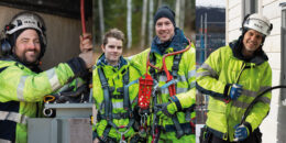 Kollage med tre bilder på elmontörer. På bilden längst till vänster ser man en leende elmontör som arbetar med bägge händerna och håller i en kabel. I mittens bild ser man två elmontörer med klätterutrustning som håller om varandra. På sista bilden till höger ser man en leende elmontör som arbetar framför ett kabelskåp och håller i en svart elkabel som går in i kabelskåpet.