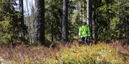 Anställd på malung-Sälens Elverk går i skog.